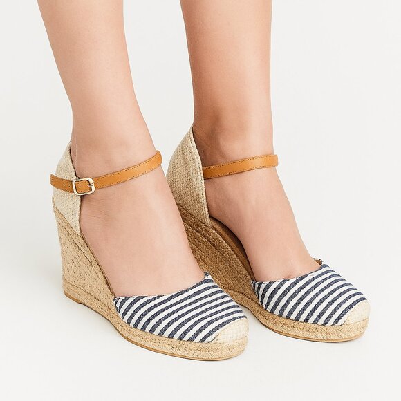 White Mountain Shoes - White Mountain Navy and Tan Striped Wedge Sandals